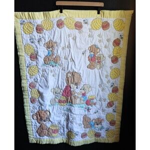 Vintage Precious Moments Teddy Bear Honey Bee Baby Quilt Blanket 35x45